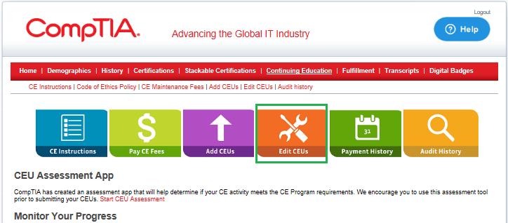 CEU を編集する 1. 受験者オンラインサービスにログイン 2. 上部メニュー Continuing Education をクリック 3.