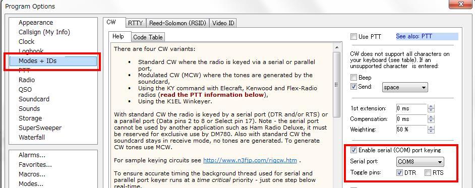 にチェックを入れ CW に使うシリアル ポートを選択 (例では COM8 PTT ポート同様に )し Toggle pins: DTR にチェックを入れる 7.