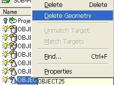 オブジェクト作成時 Calculate Geometry の設定を間違えた又は 忘れた場合 作成されたモデルは セグメント化された点群データとオブジェクト化されます Geometry を再度設定する場合は 以下の手順で作成して下さい (1) 作成されたオブジェクトの Geometry を削除する 作成したオブジェクトを右クリックすると表示される Delete Geometry を選択し