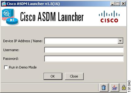 ステップ 2 デスクトップから Cisco ASDM Launcher ソフトウェアを起動します ダイアログボックスが表示されます ステップ 3 ステップ 4 適応型セキュリティアプライアンスの IP アドレスまたはホスト名を入力します