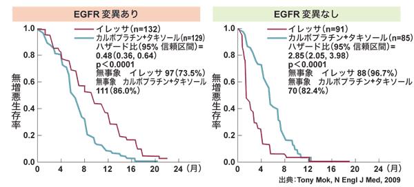 EGFR 遺伝子変異の有無での 細胞障害性抗がん剤との治療効果の差 EGFR 阻害剤 細胞障害性抗がん剤