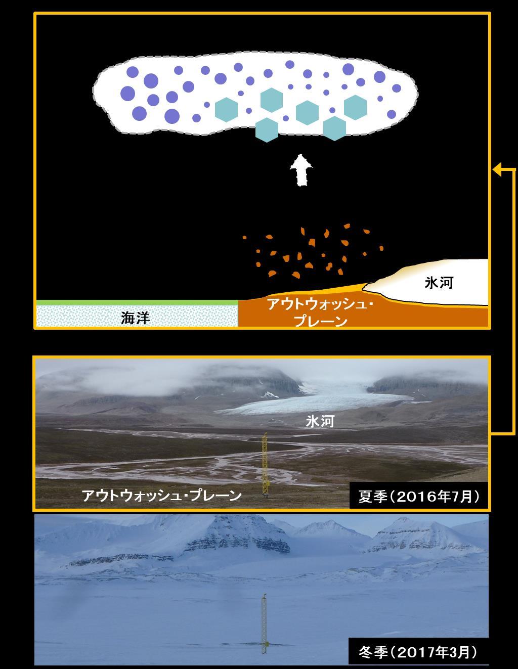 < 研究の背景 > ( 注北極圏の下層大気 ( 上空数百メートル~ 数キロメートル ) で見られる混相雲 1) は 年間を通して頻繁に発生しているため 北極圏の気候 ( 天気 気温 降水量など ) に大きな影響を及ぼしています 混相雲は 過冷却水滴 (0 以下でも凍結していない雲粒 ) と氷晶から成りますが 氷晶の形成は ( 注エアロゾル ( 大気中に浮遊する微粒子 ) が氷晶核 2)