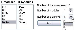入力モジュール [IWAn] を選択します モジュール数を 1 ファンクション数を 4 に設定します をクリックして設定を確定します 送信データについて手順 と を繰り返します ( 出力モジュールの場合は [8OX] と [OWAn]) 3.2.