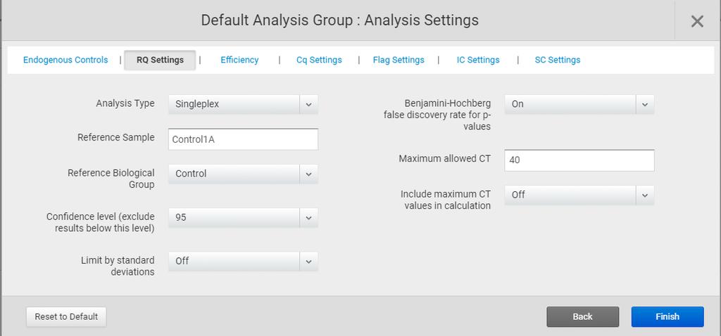 RQ settings Single か Multiplex BH 法による False Discovery rate の調節の有無 基準サンプルの選択 基準グループの選択