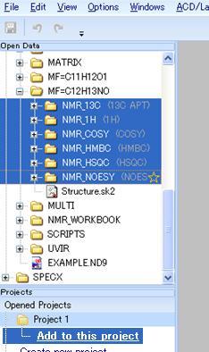 1. NMR データの処理 解析 1.1. NMR プロジェクトの作成 ACD/NMR Workbook では異なるタイプの NMR データセットを 1 つのプロジェクトとして同時に処理し 解析 作業を効率よく行うことが可能です プロジェクトを作成するには Open ボタン をクリックし Open Data Panel を表示させます 下図のよう に 例えばプロトン カーボン HMBC HSQC