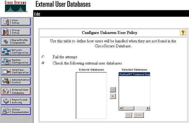 user databases のオプションを選択します 右矢印ボタンをクリックして 先に設定した外部データベースを External Databases のリストから Selected Databases のリストへ移動します NT/RADIUS パスワード有効期限設定機能のテスト コンセントレータには RADIUS 認証をテストする機能があります この機能を正しく使用するには