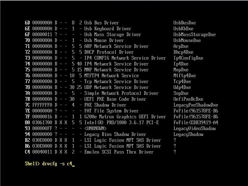 出力例 図 18 ドライバ一覧出力例 HBA 一覧の表示 1. MMB の [Power Control] 画面の [Boot Selector] で [Force boot into EFI Boot Manager] を選択して 電源を入れます UEFI Shell が起動します 2.