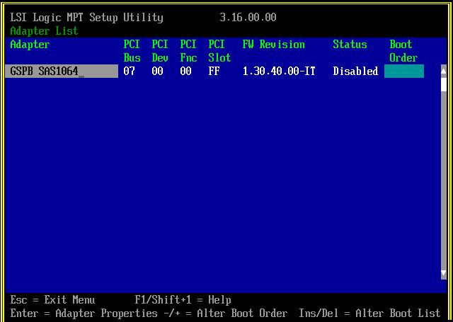 4. [LSI Logic MPT Setup Utility] が起動します ファームウェア版数 EFI ドライバ版数を確認します また 製品コードは以下のように表示されます 例 ) GSPB SAS1064:I/O ユニットに内蔵されている SAS コントローラー 3442E-15A5:SAS