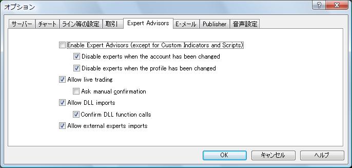 trading] [Allow DLL imports] [Confirm DLL function calls] [Allow import of external experts] [OK] をクリック