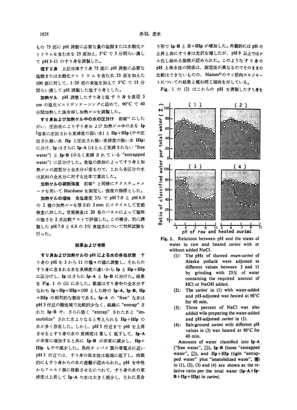 Fig. 1. Relations between ph and the states of water in raw and heated surimi with or without added NaCl.