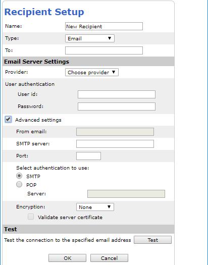 Email を選択 任意の名称 ( 半角英数 ) 送信先 Email アドレスを入力 メール送信用 ユーザー名とパスワードを入力 高度な設定を登録する場合チェックしてください 送信元 Email アドレスを入力 SMTP サーバーアドレスを入力 SMTP サーバーポートを入力 メールアドレスの種類を選択します 認証に SMTP サーバーを利用する場合 認証に POP