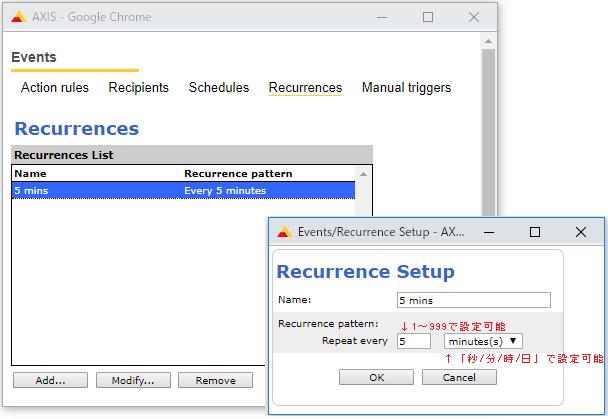 手順 3: 送信間隔を設定する 1. イベント Recurrence タブで Add をクリックします FW v6.50 以下の場合 Event Recurrence 2.