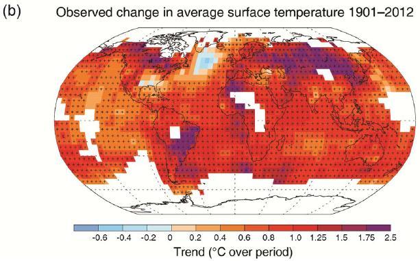 観測された平均表面温度気温の変化 1859-2012 傾向 ( 期間全体 ) 世界平均地上気温の変化は 数十年にわたる明確な温暖化に加え かなりの大きさの十年規模変動や年々変動を含んでいる 自然変動のために短期間でみた気温の変化率は