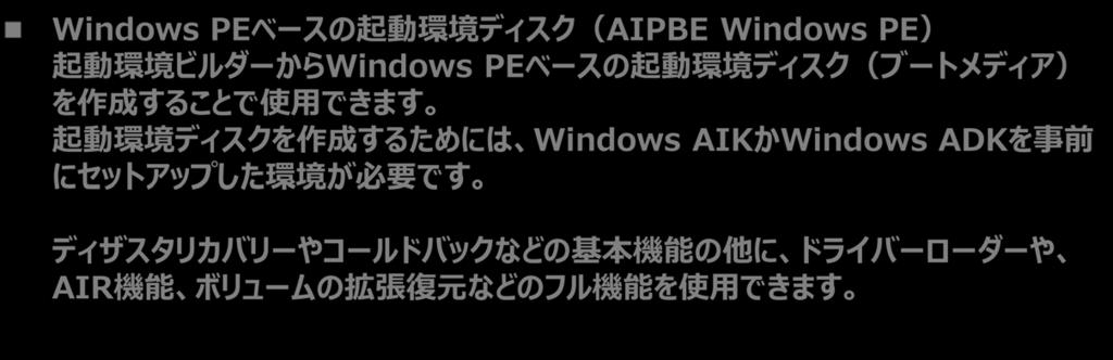 5. イメージの復元 5-3 2 種類の起動環境ディスク Linux ベースの起動環境ディスク (AIPBE Linux) AIP の製品メディアが Linux ベースの起動環境ディスク ( ブートメディア ) として使用できます Ubuntu をベースとした Linux で構成されています Windows PE ベースの起動環境ディスク (AIPBE Windows PE)