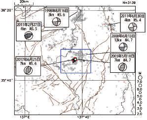 6 の地震 ( 最大震度 5 強 ) が発生した この地震は地殻内で発生した 発震機構 (CMT 解 ) は西北西 - 東南東方向に圧力軸を持つ逆断層型である この地震により 軽傷