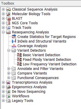 Basic Variant Detection Navigation Area からマッピングデータを選択 Toolbox から Resequencing Analysis >