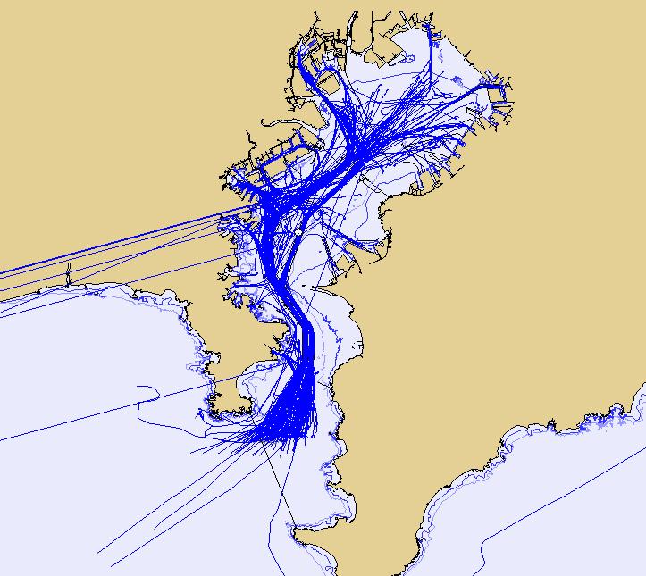 NILIM-AIS による国内外主要海域の比較評価 - 航路, 海峡等における輻輳度評価手法の検討 -/ 高橋宏直 柳原啓二 1) 4.2 東京湾東京湾については, 図 -4.2.1 の東京湾口での白線より内側を対象に,2006 年 8 月 10 日の 24 時間について解析を実施した.