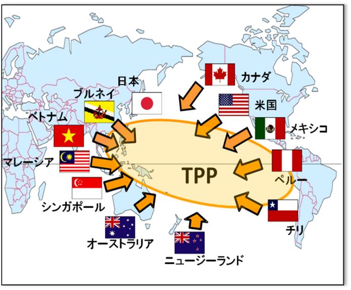 1 これまでの TPP 関連の動き 2006 年シンガポール NZ チリ ブルネイから成るP4 協定が発効 2008 年米国が交渉開始意図表明 2009 年米国 TPP 交渉への参加を議会通知 2010 年 ( 交渉会合を 4 回開催 ) 3 月第 1 回会合で P4 協定加盟の 4 カ国に加え 米 豪 ペルー ベトナムの 8 カ国で交渉開始 10 月菅総理 ( 当時 ) 所信表明演説