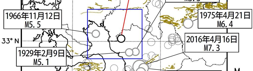 ) シンボルから伸びる点線は張力軸の方位を示すシンボルの色で断層の型を表している橙 : 横ずれ断層型紫 : 逆断層型緑 : 正断層型灰 : どの型にも分類されない図中の青色の細線は地震調査研究推進本部の長期評価による活断層を示す 図 -5 領域 b