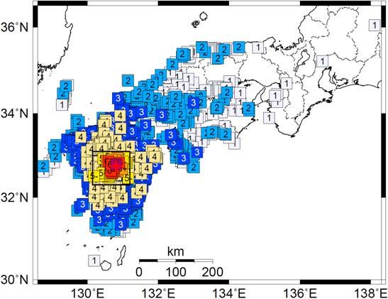 宮崎県 図 3-2 4 月 14 日 21 時 26 分熊本県熊本地方の地震 (M6.5 深さ 11 km 最大震度 7) の震度分布図 (+ 印は震央を示す 凡例は図 3-1 に等しい ) 表 3-2 4 月 14 日 21 時 26 分 (M6.