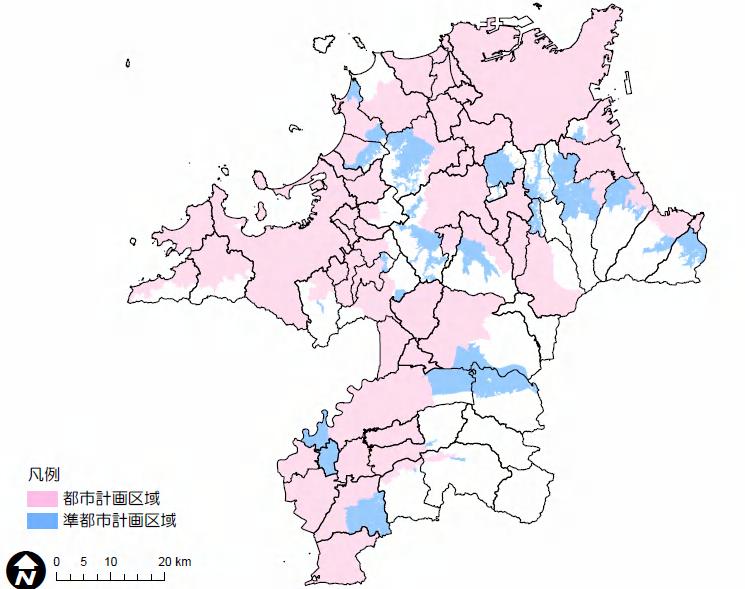 福岡県における都市計画の指定状況 福岡県では 都市計画区域の指定に加え 都市計画区域外に大規模な開発が無秩序に広がらないようにするとともに 災害に強い一定基準の建物を誘導するために 平成 20 年 3 月に県下 26 市町に対し準都市計画区域を指定しました その結果 中山間部を除く地域で 準都市計画区域が指定されていないのは 玄海地域だけとなっております 玄海地域については 平成 2 2