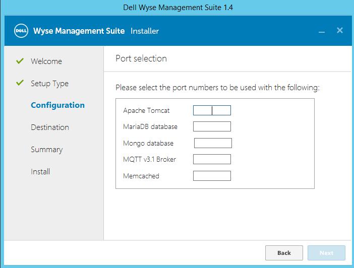 図 23. ポートの選択メモ : Wyse Management Suite では Maria データベースと Mongo データベースを次のように使用します Maria データベース :