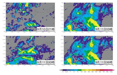 38 2002 7 5 3 (mm/hour) Fig. 5 10 21 11 06 Precipitation rate (mm/hour) of every 3 hours in central Japan.