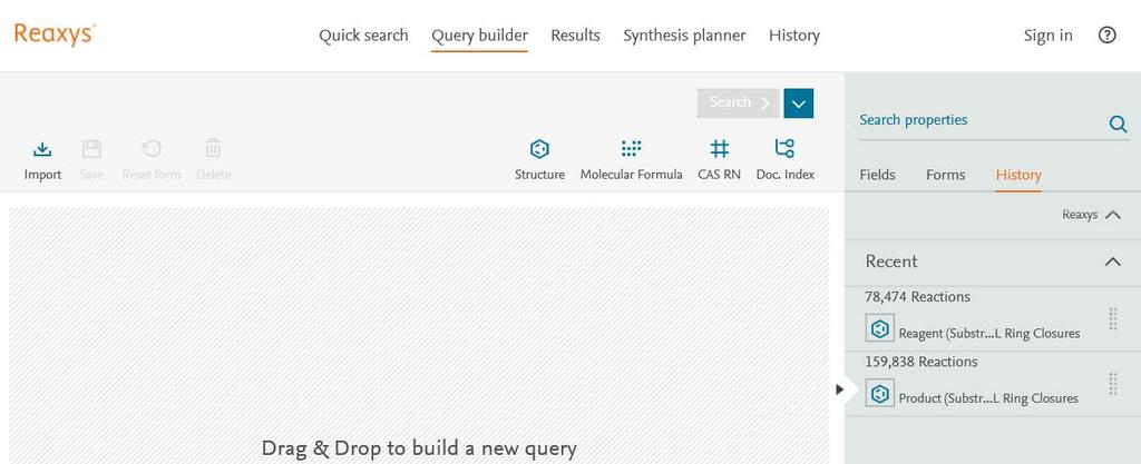 Query Builder での検索 -1 検索結果からノイズを除去する検索方法 : イソキノリンの骨格を作る反応を検索する ただし出発物質に既に目的骨格が含まれている反応 ( ノイズ ) を除去したい 1 * ノイズに相当する検索を行い Query Builder を利用して全体の検索結果から除くことができます Quick search で以下の検索を行います 1