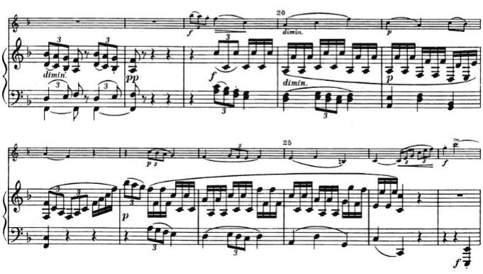 ピアノの使い方に注目して見ると 多様な書法や音型を用いることなく同一音型の連続によるパターンやリズムが多く見られる 例えば譜例 1 7 では 右手のトレモロによる伴奏型が 18 小節も続く このトレモロ伴奏型の割合を小節数で数えると 左手 右手若しくは両手で演奏するトレモロ伴奏型は第 1 楽章全 703 小節のうち 131 小節となり 全体の約 18.