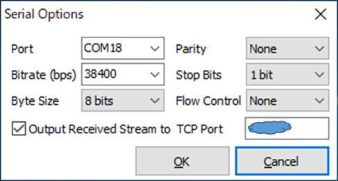 Output Received Stream to TCP Port にチェックを入れて テキストボックスに適当な空きポート番号を入力してください 5 ボタン OK をクリックして ダイアログウィンドウ Serial Options を閉じてください 6 STRSVR の START をクリックすると 本製品へのストリーム中継が開始されます STRSVR