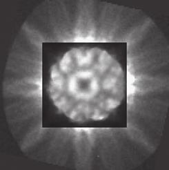 図 7 Spatially-resolved diffractometry により 4 分割暗視野検出器を模擬して構成した DF 像. 右下の挿入図は検出立体角を模式的に示したもの. 丸印は輝点の位置をわかりやすくするため全画像の同じ位置に描いたもので, 矢印は輝点の相対的なずれの向きを示す. を変えることにより,DF 像の輝点位置がピコメートルオー ダーでシフトすることを新たに見いだした.