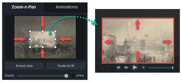 ソース録画より小さいビデオサイズで最終ビデオを制作する場合の表示を向上させます 大画面のアプリケーションでのテキストフィールドへの入力やオプションの選択など 重要な操作に注目を集めます ビデオの編集サイズが大きい場合に 領域から領域へ移動します ズームイン / ズームアウトシーケンスを追加する 1. タイムライン上のズームが開始される位置に再生ヘッドを移動します 2.