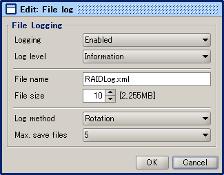 4.4 ServerView RAID Manager の 設 定 File log オプション 設 定 値 説 明 Logging Enabled 変 更 禁 止 ログファイルへのイベント 記 録 を 有 効 にします 本 設 定 は 必 ず Enabled の 状 態 でお 使 いく Text format (additionally) Disabled 初 期 値 従 来 形 式 のログに