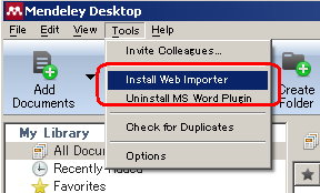 アカウントの作成と Mendeley Desktop のインストール Mendeley desktop の Tools メ ニ ュ ー の Install Web Importer を 選 択 す る か ウ ェ ブ ブ ラ ウ ザ で http://www.mendeley.