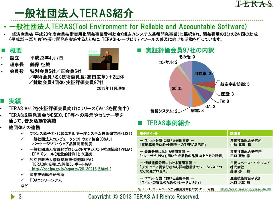 体 / 賛 助 会 員 4 団 体 実 証 評 価 会 員 97 社 2013 年 11 月 現 在 実 績 TERAS Ver.2を 実 証 評 価 会 員 向 けにリリース(Ver.