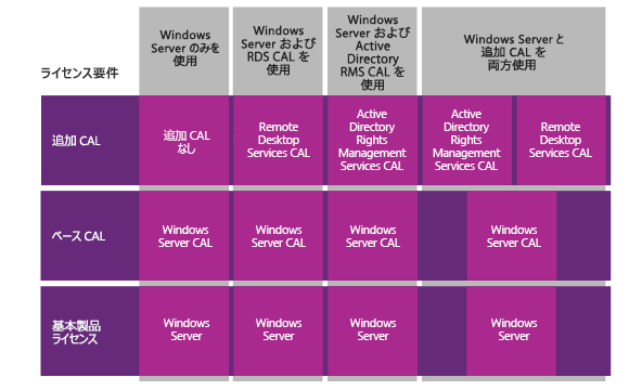 追 加 CAL には Windows Server Remote Desktop Services ( 以 前 の Terminal Services) CAL や Windows Active Directory Rights Management Services (RMS) CAL などがあります これらの 追 加 CAL はどちらも Windows Server に 含 まれている 機