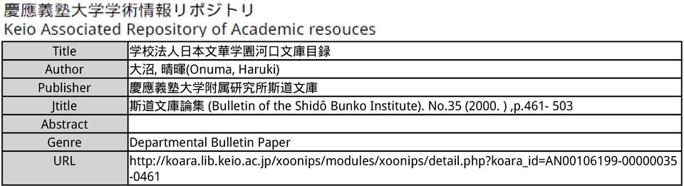 大 学 附 属 研 究 所 斯 道 文 庫 Jtitle 斯 道 文 庫 論 集 (Bulletin of the Shidô Bunko Institute). No.