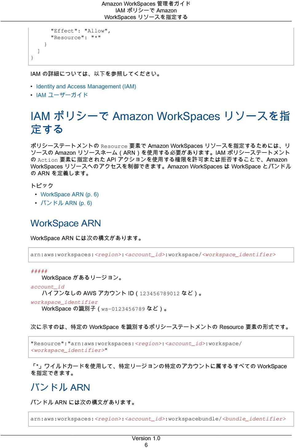 Amazon WorkSpaces は WorkSpace とバンドル の ARN を定義します トピック WorkSpace ARN (p. 6) バンドル ARN (p.