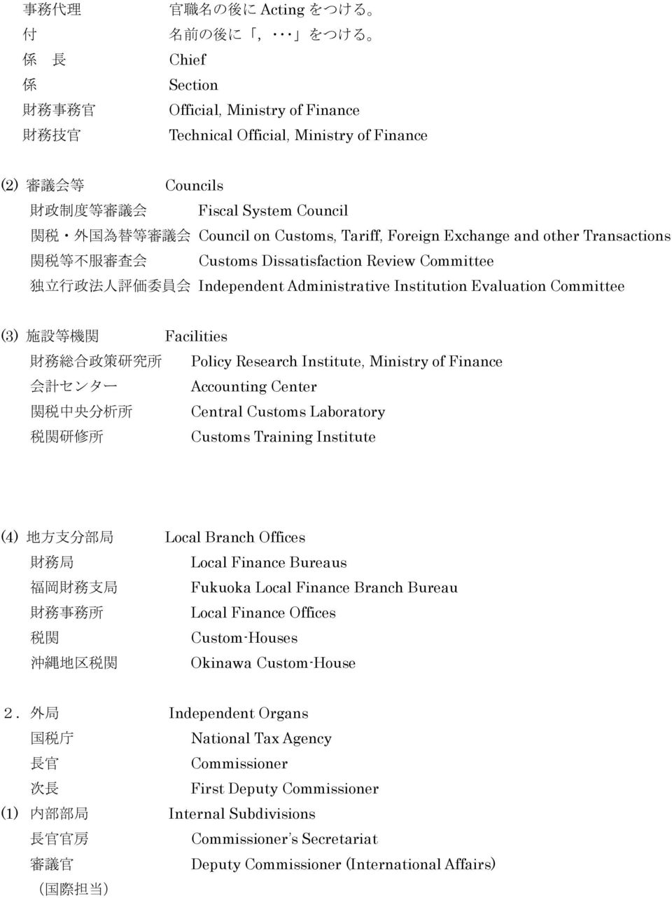 Independent Administrative Institution Evaluation Committee (3) 施 設 等 機 関 Facilities 財 務 総 合 政 策 研 究 所 Policy Research Institute, Ministry of Finance 会 計 センター Accounting Center 関 税 中 央 分 析 所 Central
