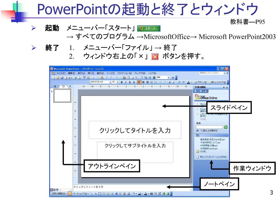 PowerPoint2003 終 了 1. メニューバー ファイル 終 了 2.