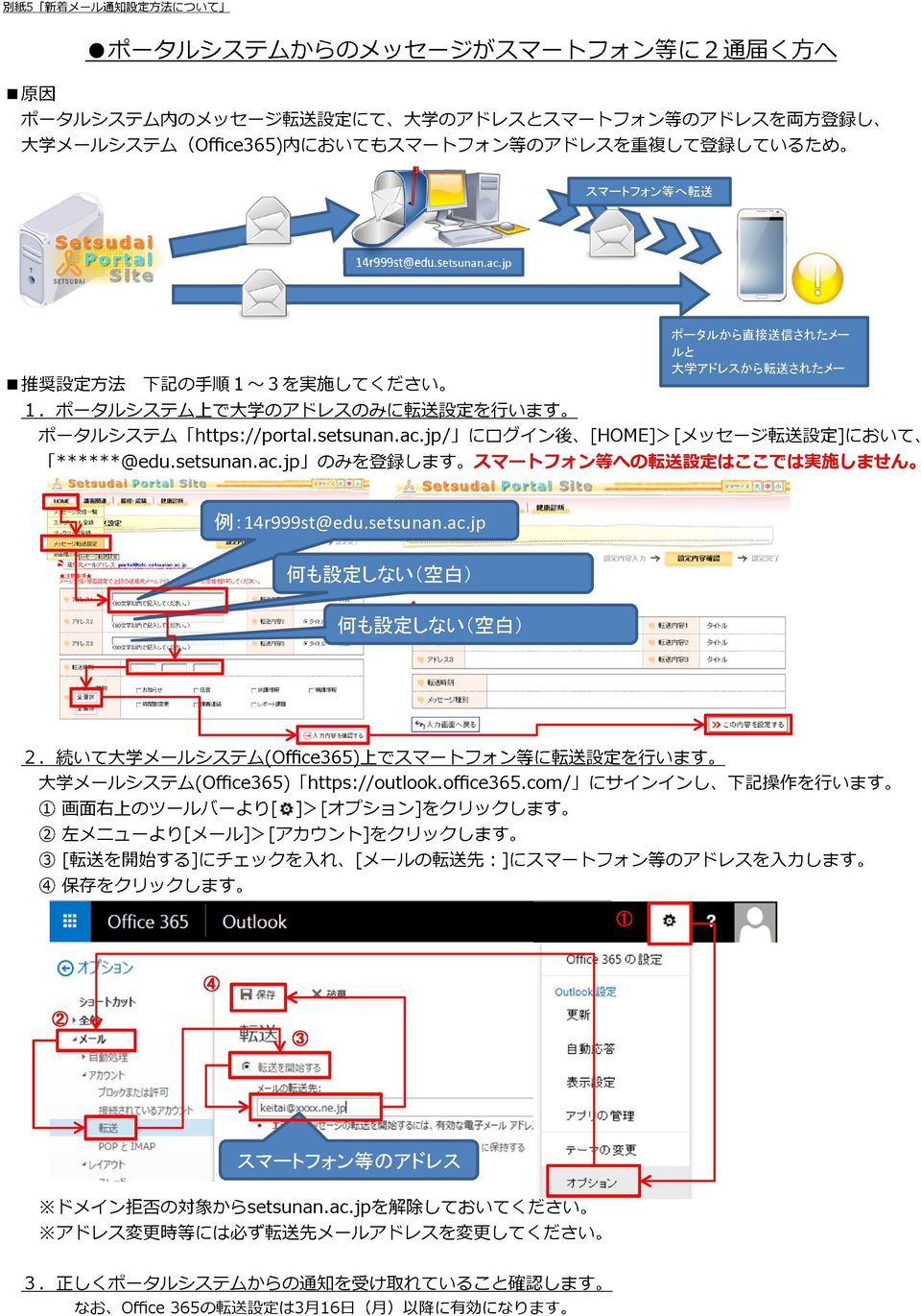setsunan.ac.jp のみを 登 録 します スマートフォン 等 への 転 送 設 定 はここでは 実 施 しません 例 :4r999st@edu.setsunan.ac.jp 何 も 設 定 しない( 空 白 ) 何 も 設 定 しない( 空 白 ).
