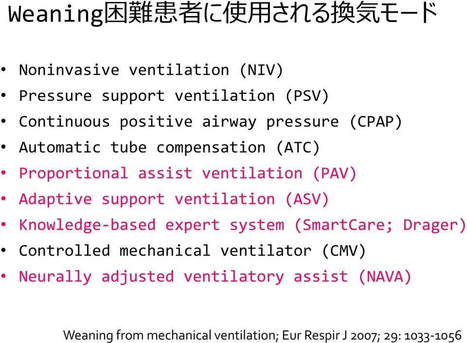 support ventilation (ASV) Knowledge-based expert system (SmartCare; Drager) Controlled mechanical ventilator