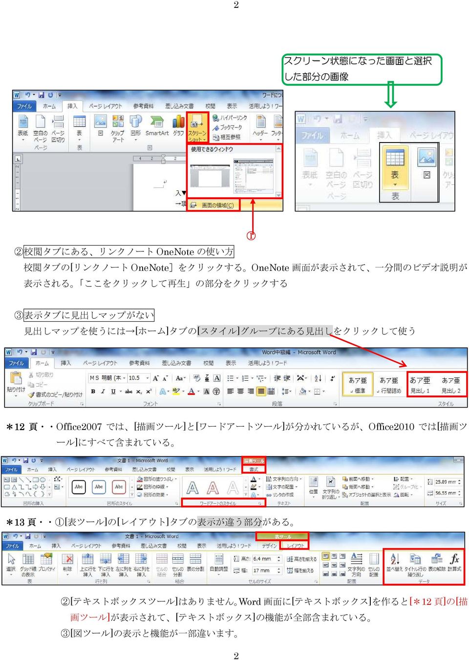 Office2007 では [ 描 画 ツール]と[ワードアートツール]が 分 かれているが Office2010 では[ 描 画 ツ ール]にすべて 含 まれている *13 頁 1[ 表 ツール]の[レイアウト]タブの 表 示 が 違 う 部 分 がある