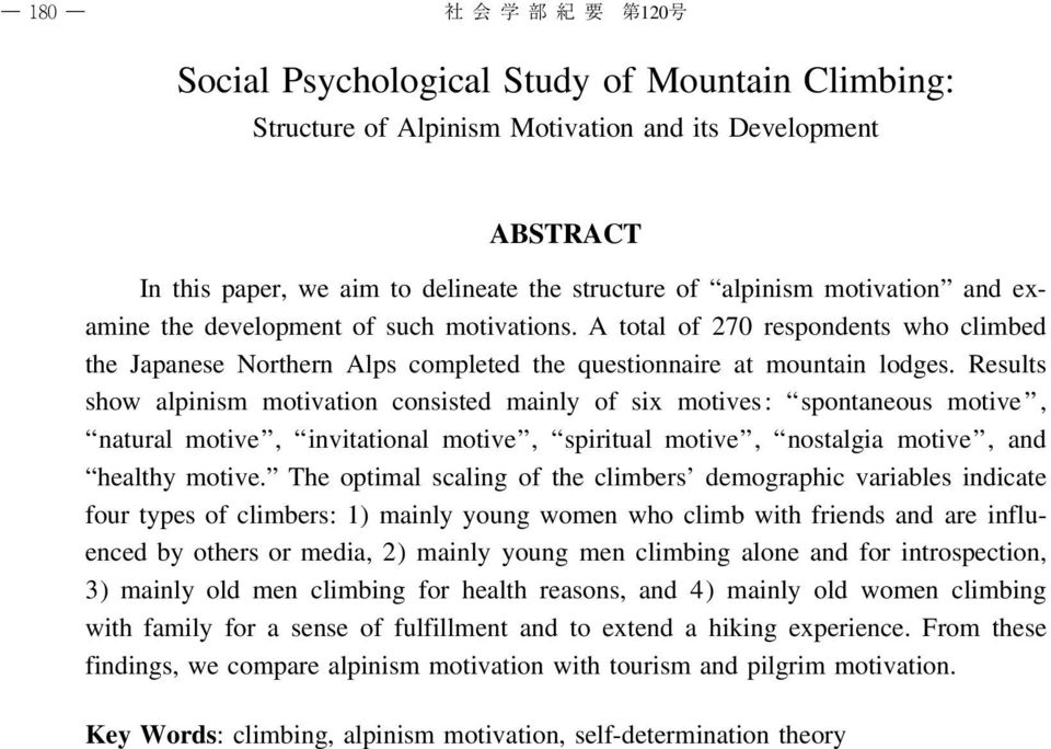 Results show alpinism motivation consisted mainly of six motives: spontaneous motive, natural motive, invitational motive, spiritual motive, nostalgia motive, and healthy motive.