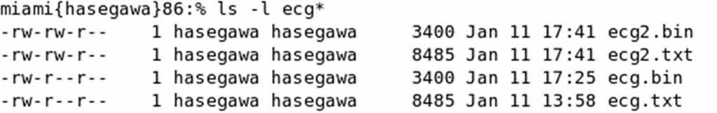 fwrite による書き込み結果の確認 [xxxxxxxxxxxxxxxxxxxxxxxxxx]% ファイルサイズ (bytes) ecg.bin は,ecg.