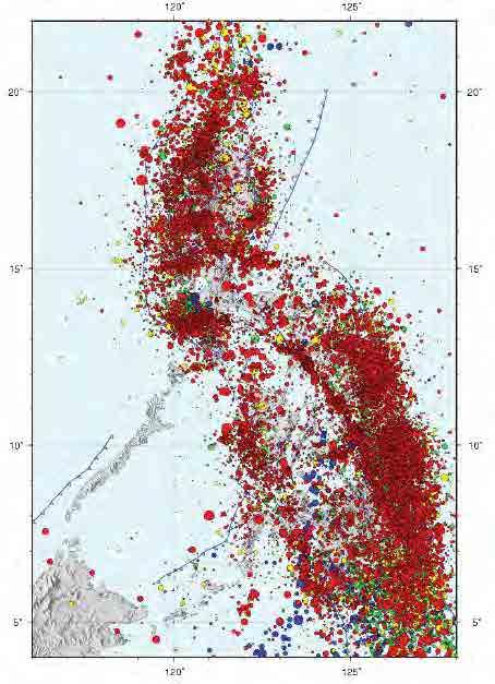 フィリピンでは インドネシアのような大地震はほとんど発生していないが 中小規模の地震が多発していることが分かる 震源域の分布が