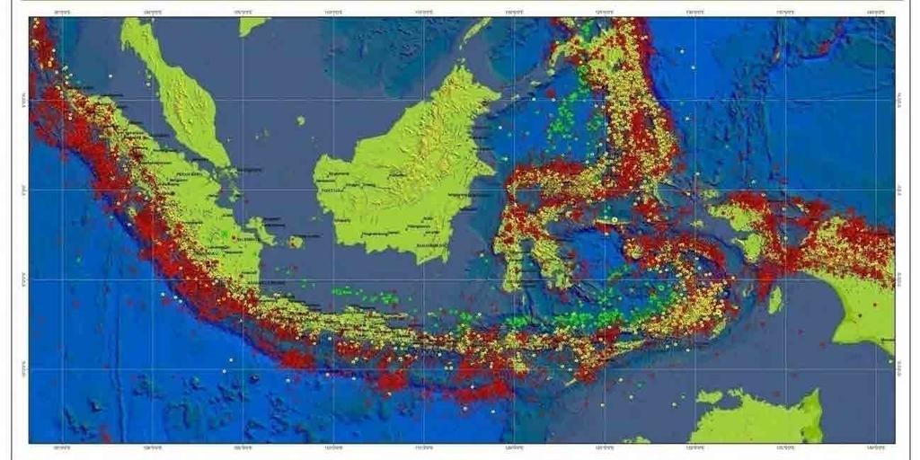 大きな地震は年 1 回以上の頻度で発生している 津波を伴うものについては赤色の点で示してあるが データからは 2 年に 1