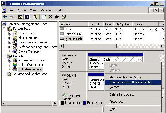 Computer Management を起動し [Disk Management] を選択します クラスタ ノード 1