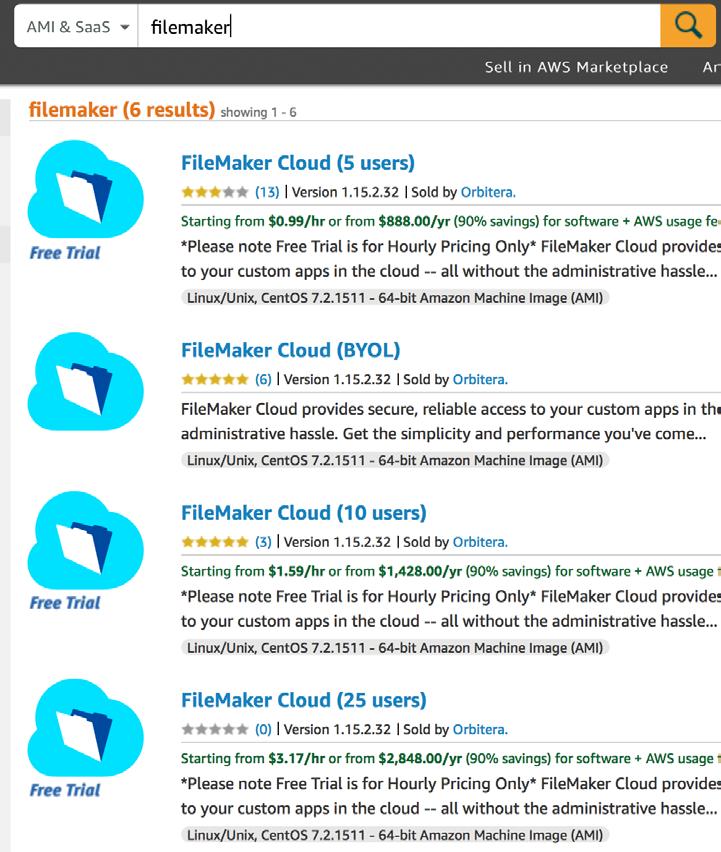 com/marketplace/ AWS Marketplace で FileMaker と入力して検索します 検索後 FileMaker Cloud (5 users) (10 users) (25 users) (100 users) / FileMaker Cloud (BYOL) のいず このボタンを押して購入画面に移動する れかを選択します その他のユーザ数をご希望の場合には BYOL