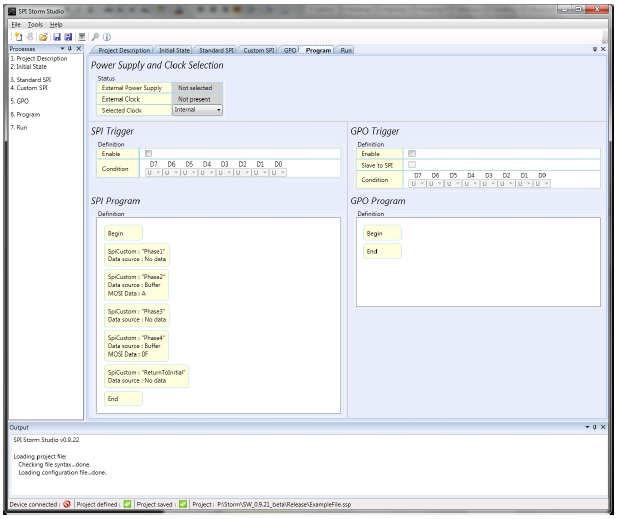 マルチプル プログラミング インターフェース 一旦 SPI Storm Studio でプロトコルが定義されれば ユーザーは グラフィカル ユーザー インターフェース あるい は 提供された API から C の関数コールで セットアップし 実際のアクセス シーケンスを選択することができます Figure 4: SPI Storm Studio Program Page これは タスク